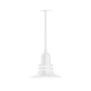 White atomic-style 12 in pendant light with stem mount and disk canopy
