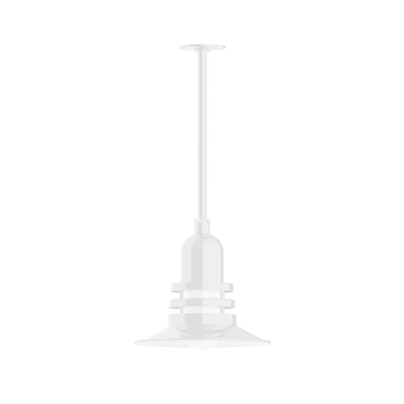 White stem-mount pendant with circular diffuser and layered trim, 12 in