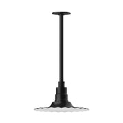Black stem-mounted pendant light with round ceiling canopy and extended downrod