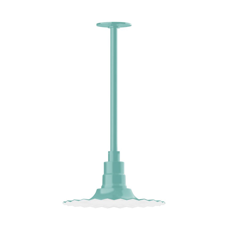 Sea green radial pendant with stem mount and open lattice shade.