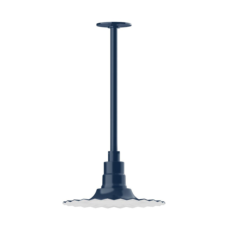 Navy stem-mounted pendant light with ceiling canopy and wiring connection