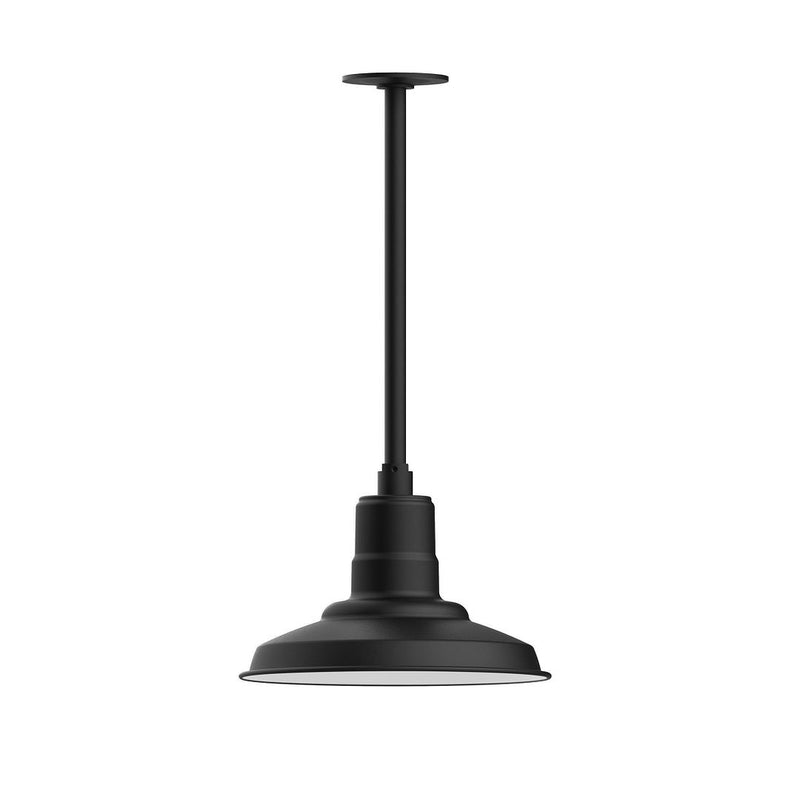 Black stem mount pendant light with wide dome shade and straight hanging rod