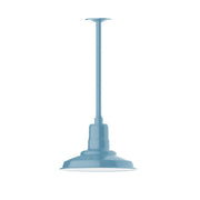 Light blue stem-mount pendant with wide metal shade and straight stem