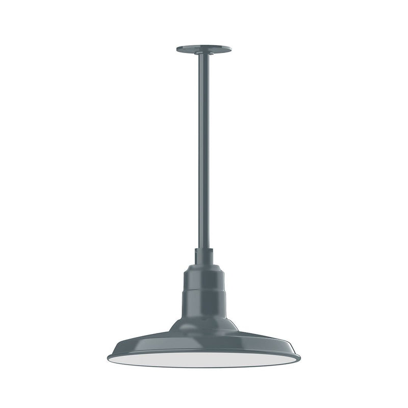 Slate gray stem-mount pendant light with round shade and vertical downrod.
