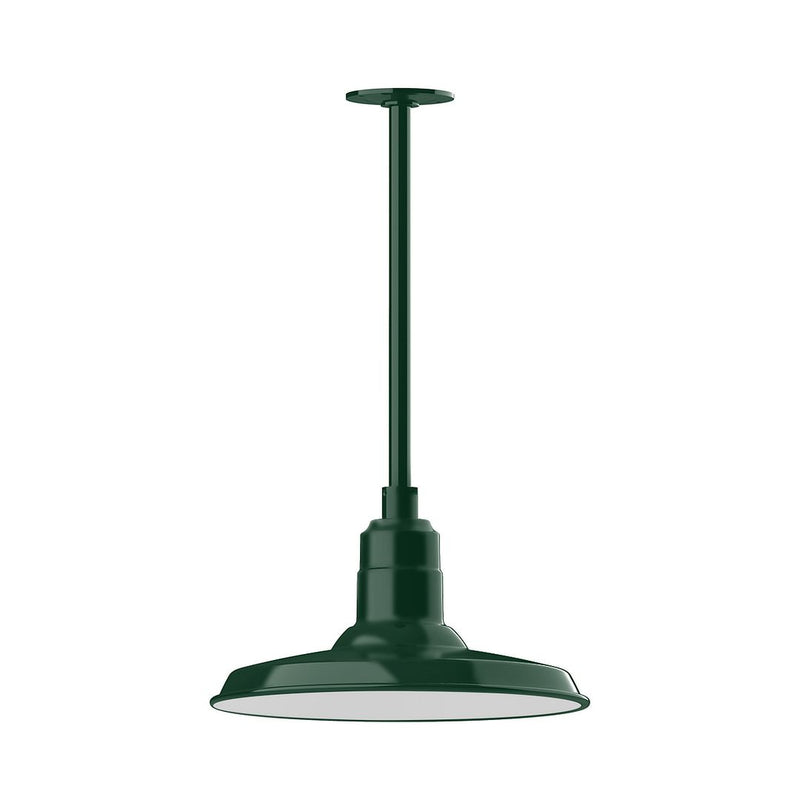 Forest green LED stem-mount pendant light with round dome shade and straight stem.