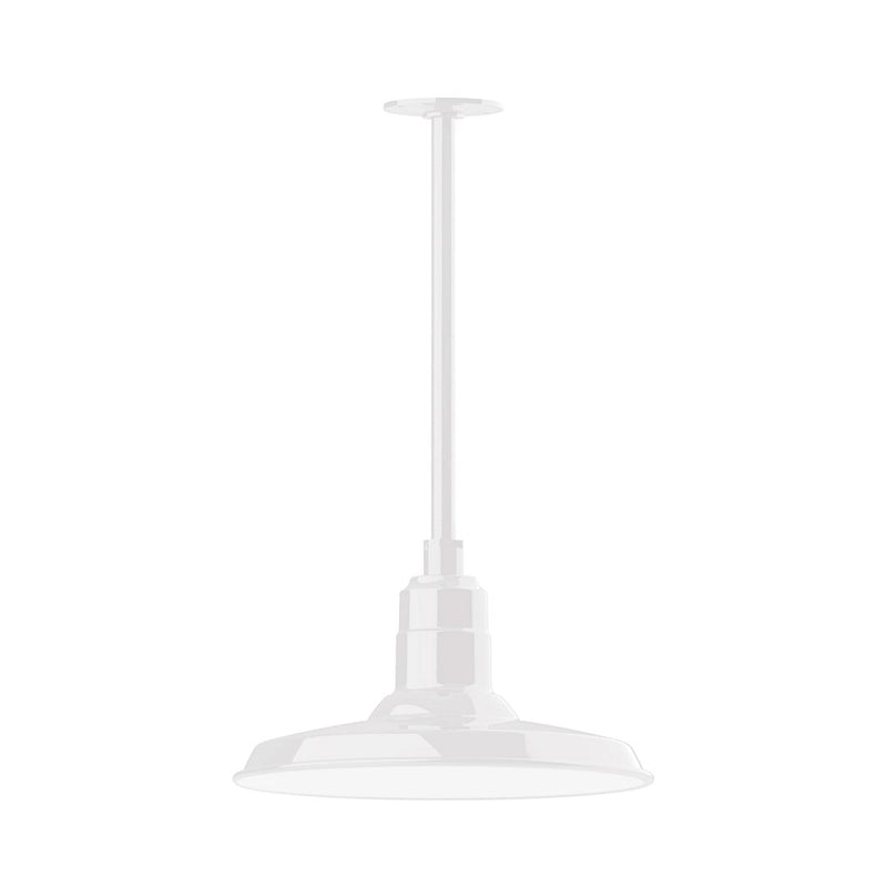 White stem-mount pendant light with wide domed shade and stacked detailing