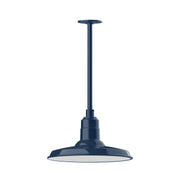 Navy stem-mount pendant light with wide round metal shade and vertical downrod