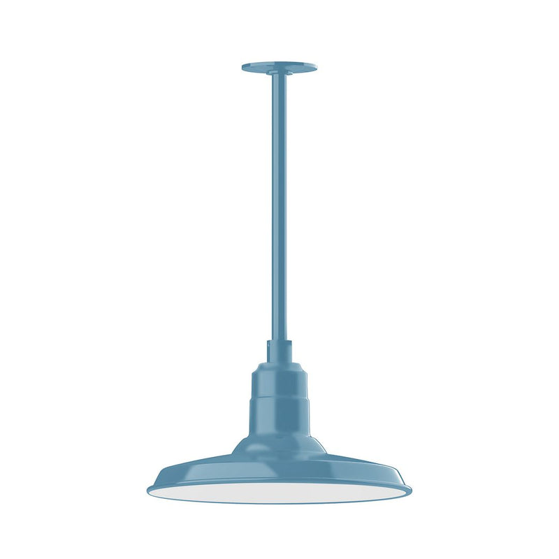 Light blue stem mount pendant with round canopy and wide white shade