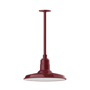 Barn red stem mount pendant light with metal shade and straight downrod.