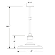 Black stem mount pendant light with dimensions: 19 1/2 in high, 14 1/2 in wide.