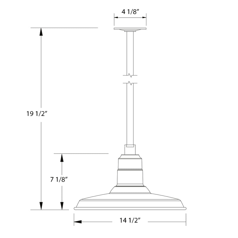 Black stem mount pendant light with dimensions: 19 1/2 in high, 14 1/2 in wide.