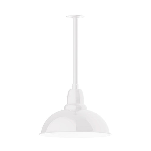 White LED stem mount pendant light with domed shade and hanging stem.