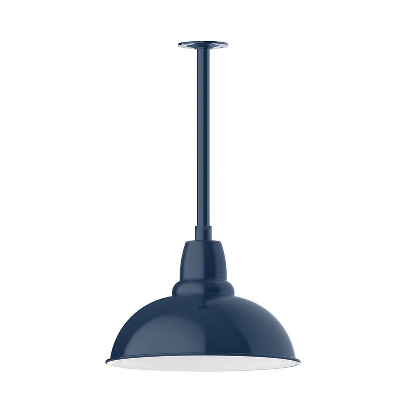 Navy LED stem mount pendant light with bell shade and round canopy