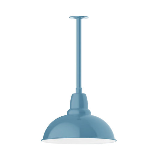 Light blue stem-mount pendant lamp with bell-shaped metal shade