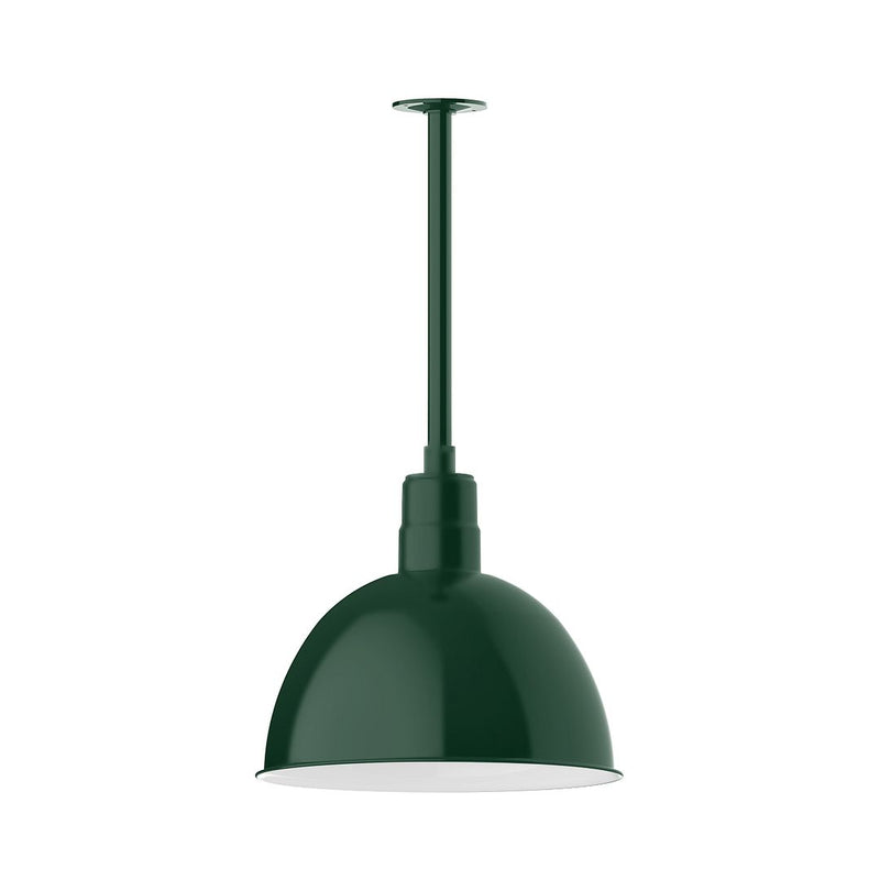 Forest green pendant bowl light with stem mount, white underside trim