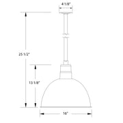 Light blue pendant stem mount, 16 in deep-bowl shade with dimensions shown