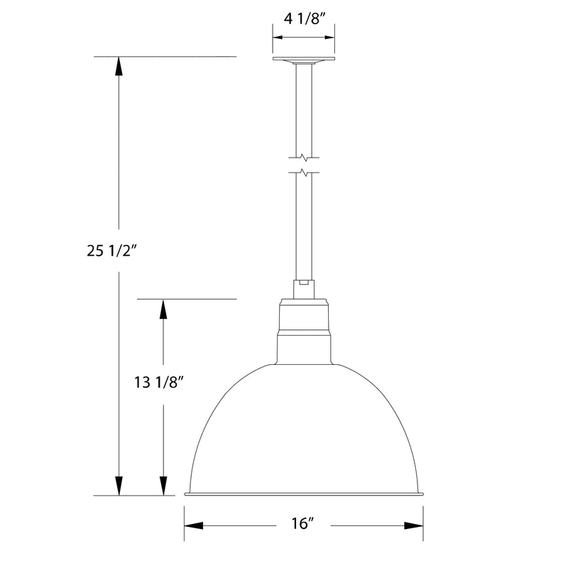 Light blue pendant stem mount, 16 in deep-bowl shade with dimensions shown