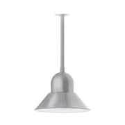 Painted galvanized pendant light with bell shade and stem mount, gray metal.