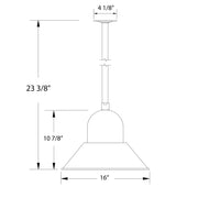 LED pendant dimension diagram, 16-inch wide bell shade with stem mount
