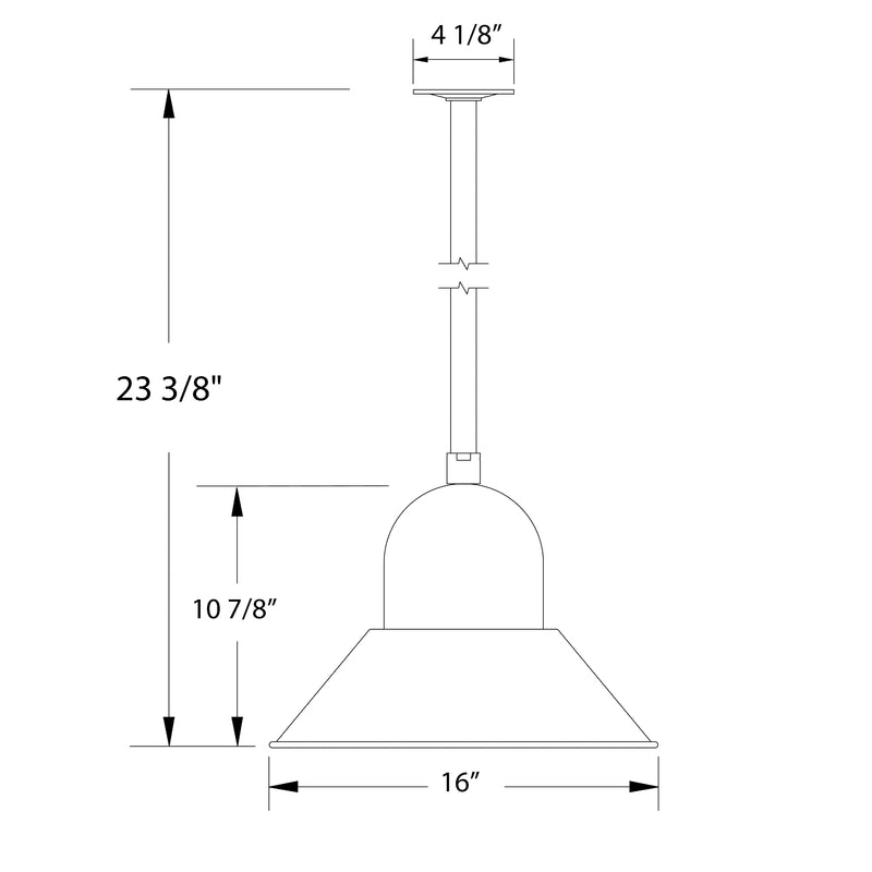 LED pendant dimension diagram, 16-inch wide bell shade with stem mount