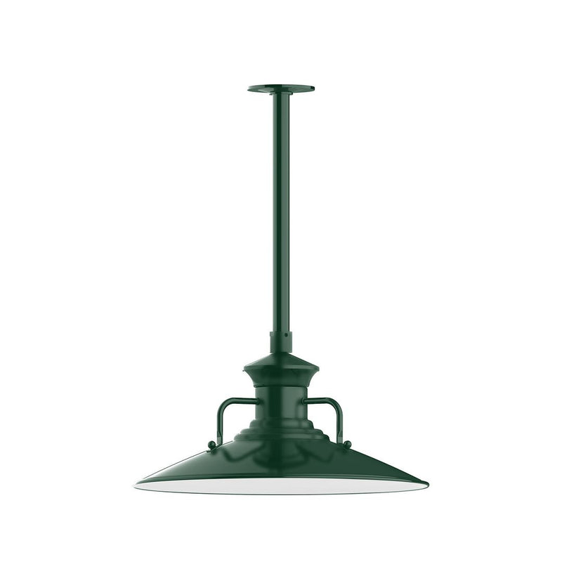 Forest green LED pendant with stem mount, flared shade, arched side handles