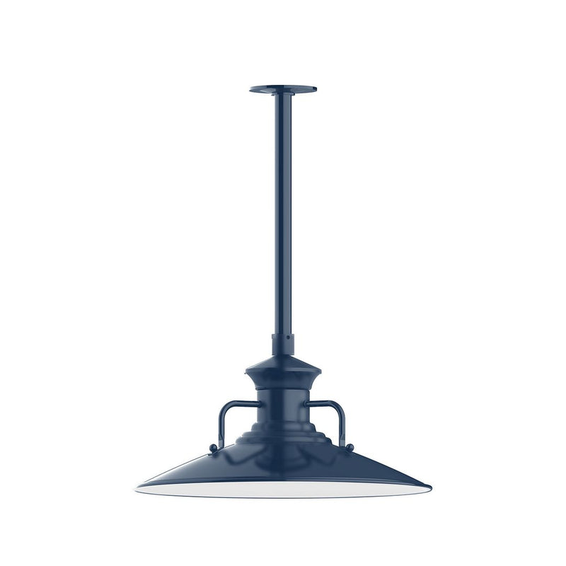 Navy stem-mounted pendant light with dome shade and decorative curved side bars