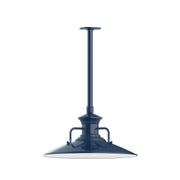 Navy stem-mount pendant light with bell-shaped shade and curved side handles