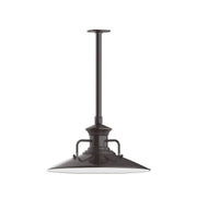 Architectural bronze pendant light with wide flared canopy and straight stem mount.