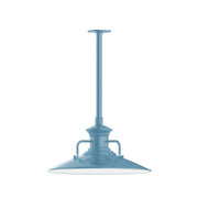 Light blue pendant light with wide conical shade and vertical stem mount