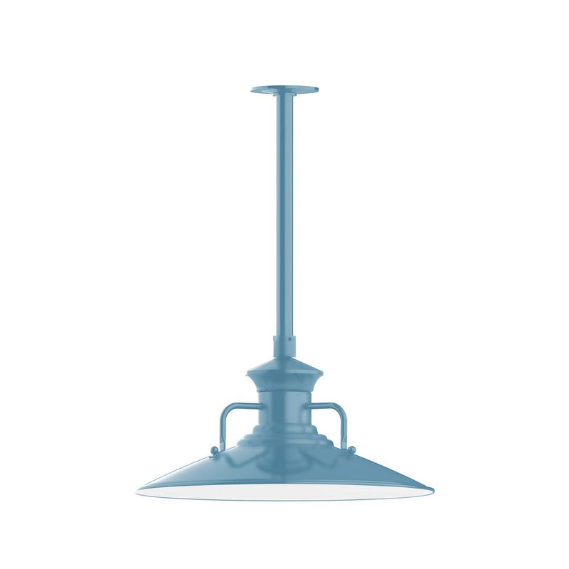 Light blue stem-mount pendant light with dome shade and side handles