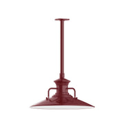 Barn red LED pendant light with dome shade and stem mount, side handle bars