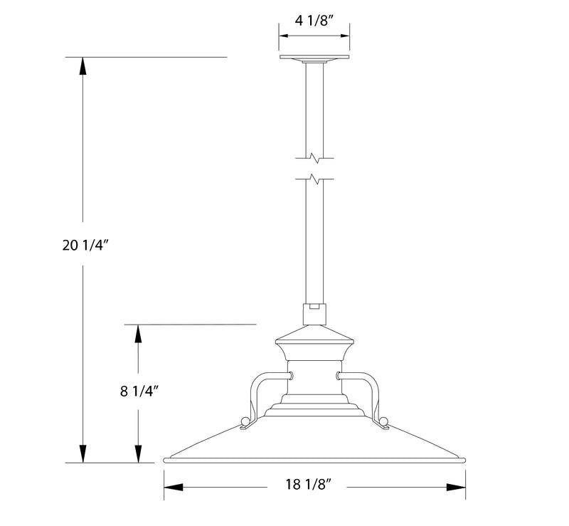 Navy LED pendant light dimension diagram showing 18 1/8 in width