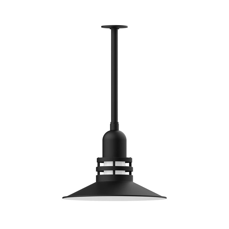 Black pendant light with conical shade and stacked ring details, stem mount