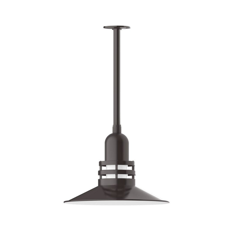 Architectural bronze stem pendant light with round bell shade and striped collar