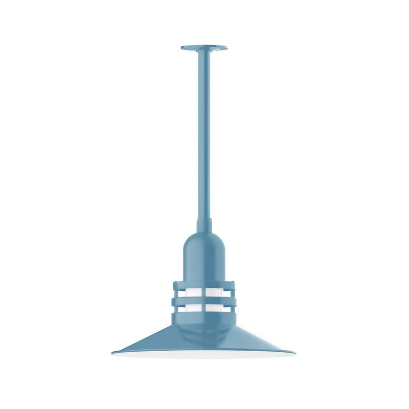 Light blue pendant light with stem mount and flared circular shade