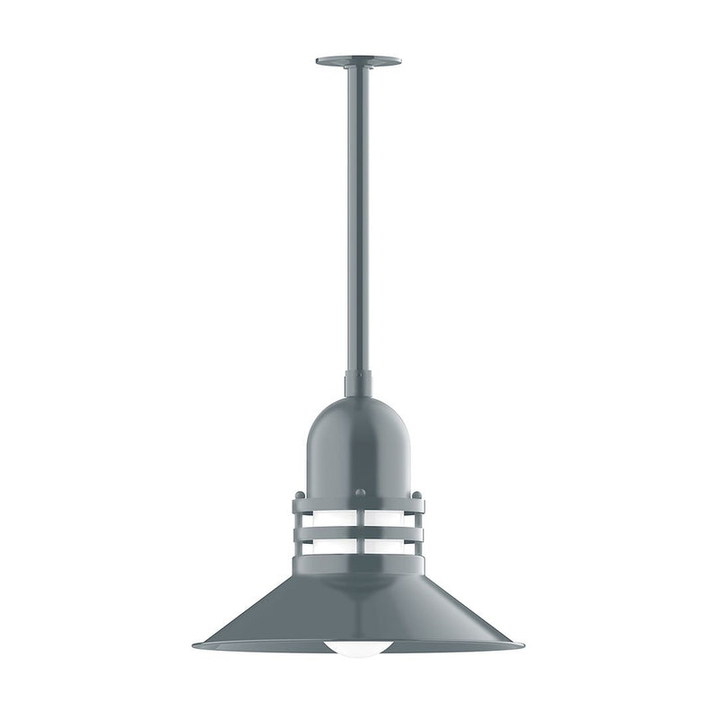 Slate gray metal pendant light with stem mount and flared reflector shade
