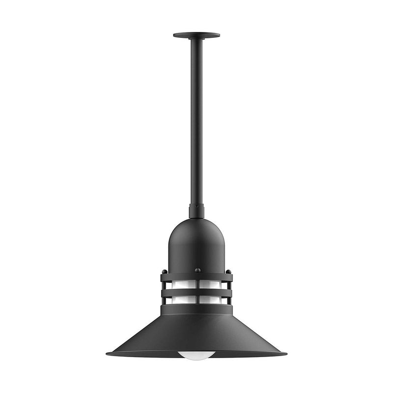 Black pendant light with stem mount and flared shade over glass diffuser
