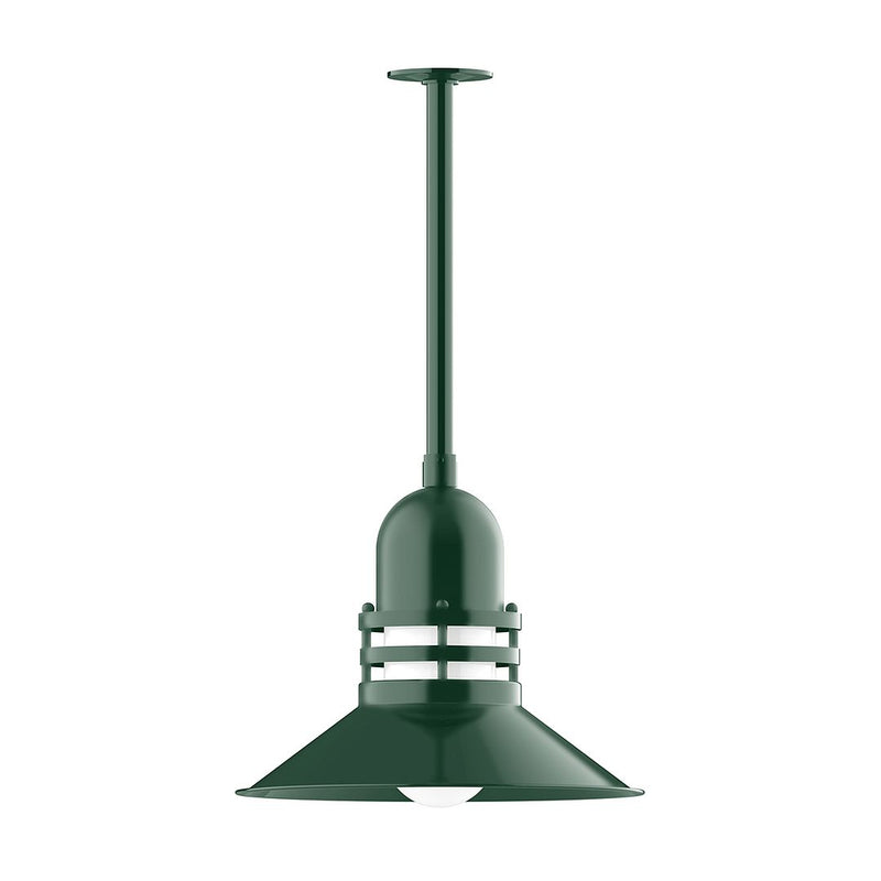 Forest green pendant light with stem mount and flared bell shade