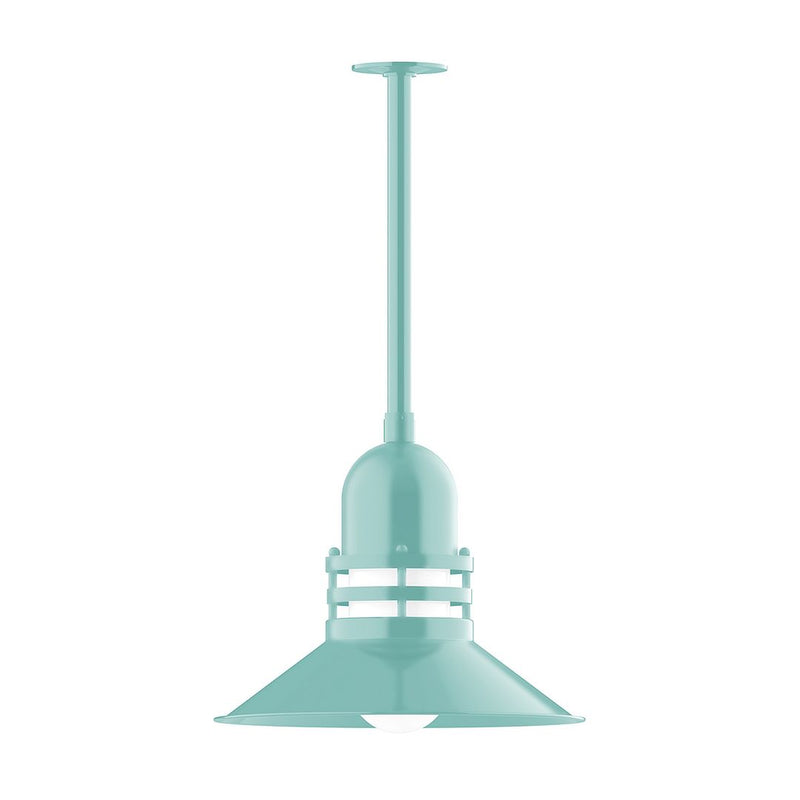Sea green pendant light with slim stem and flared shade