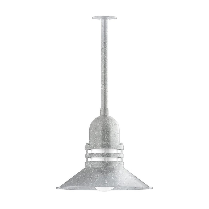 16 in pendant light with long stem and flared painted metal shade, light gray