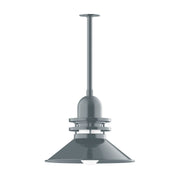 Slate gray pendant light with globe stem, fluted base ring, and flared metal shade