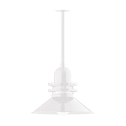 White atomic-style 18-inch pendant light with stem mount and stacked disc details