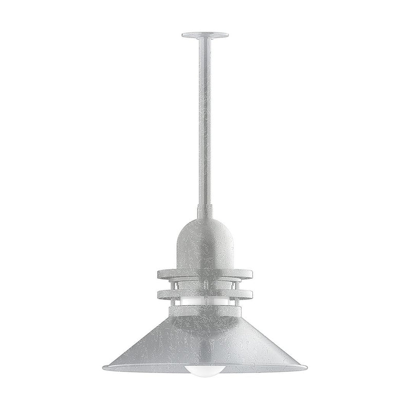 Atomic 18 in pendant light with textured metal stem and bell shade, painted galvanized gray