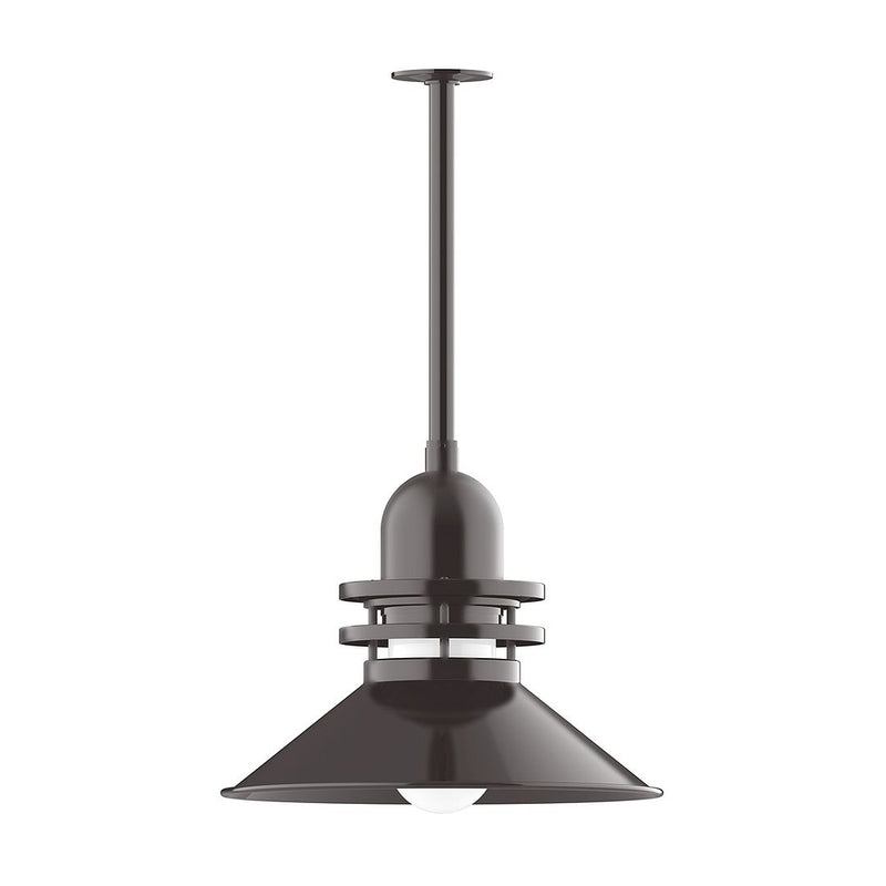 Bronze stem-mounted pendant light with cone shade and disc accents