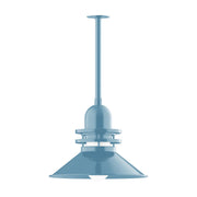 Light blue pendant lamp with stem mount and wide dome shade, 18 in size