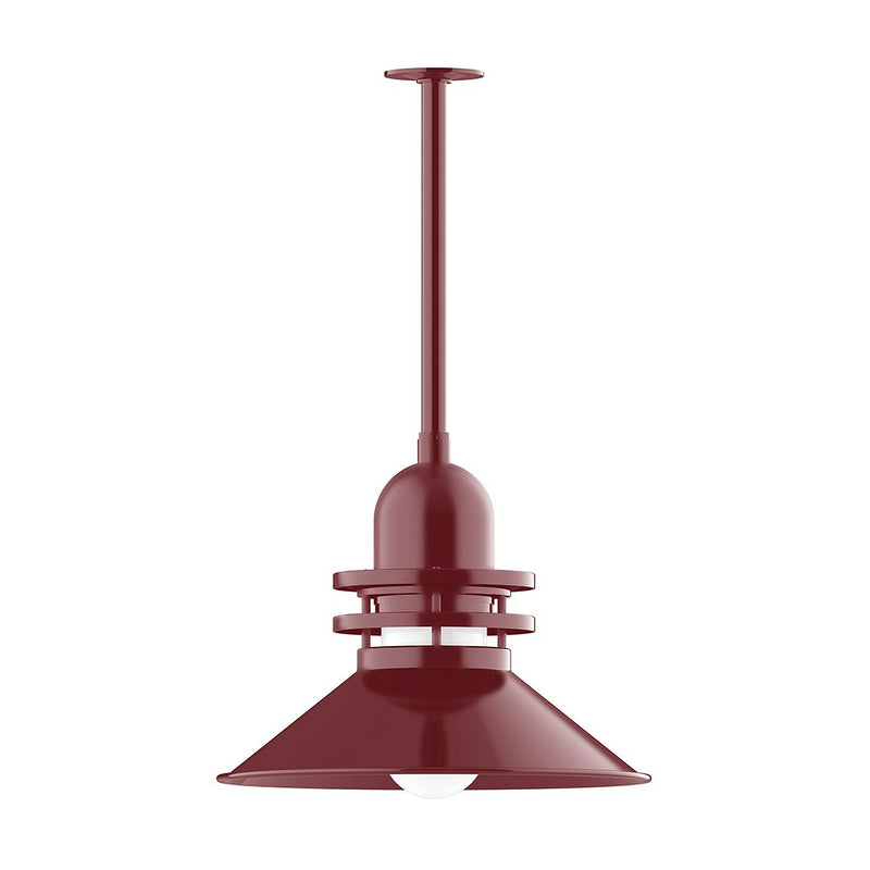 Barn Red atomic pendant light with 18 in dome shade and stem mount