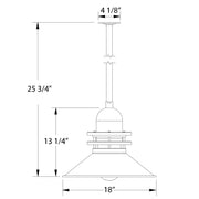 Pendant light size diagram with 18 in wide shade, stem mount, and canopy