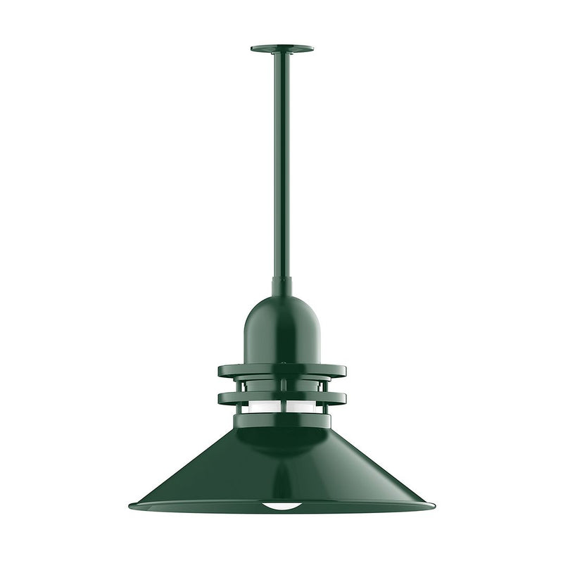 Forest green stem-mounted pendant light with dome shade and stacked trim