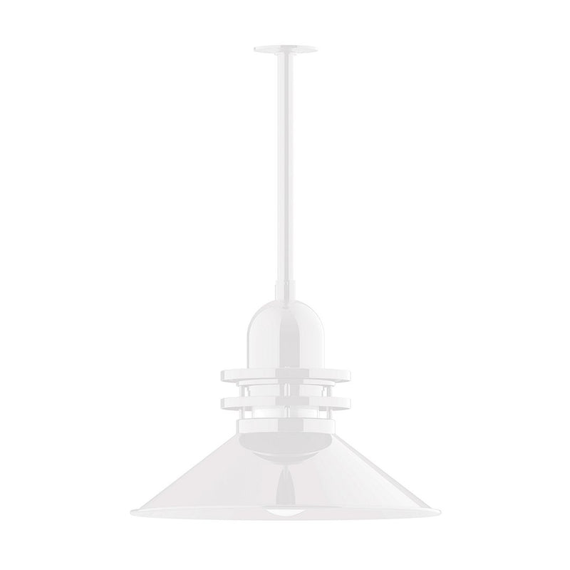 White 20-inch atomic pendant light with dome shade and stacked rings