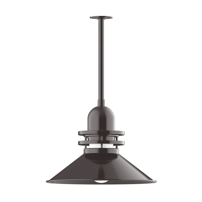 Bronze pendant light with long stem and domed shade, ring accents